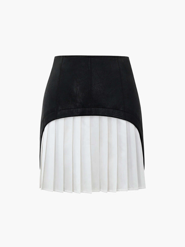 LOVEVVR Faux Leather Patchwork Pleated Mini Skirt