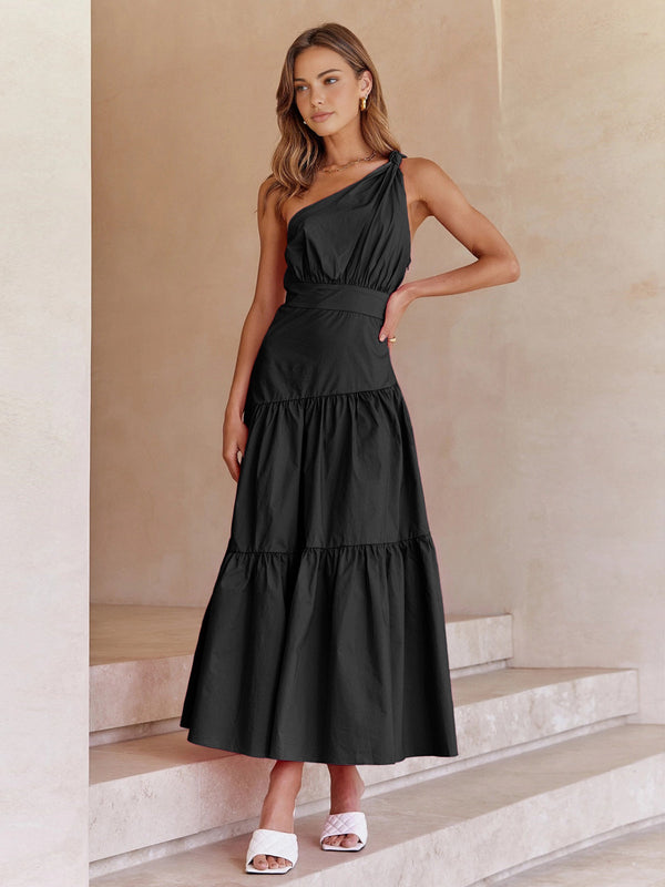 LOVEVVR Asymmetric Shoulder Knotted Midi Dress