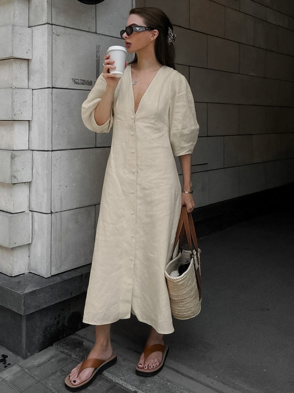 LOVEVVR Cotton & Linen Button-Front Knotted Long Dress