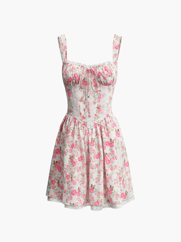 LOVEVVR Floral Tie Waist Short Dress