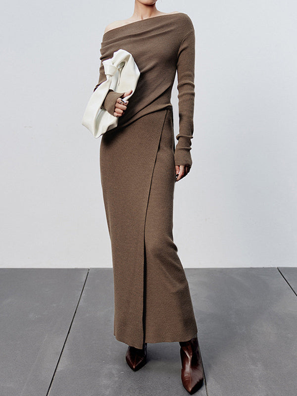 LOVEVVR Caramel Slit Maxi Knit Skirt