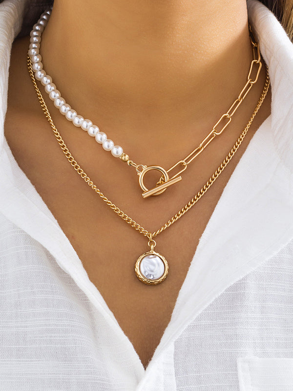 LOVEVVR Faux Pearl Disc Pendant Necklace