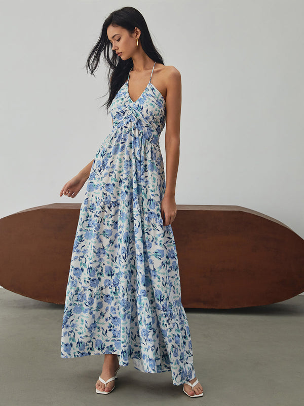 LOVEVVR Floral Print Halter Long Dress