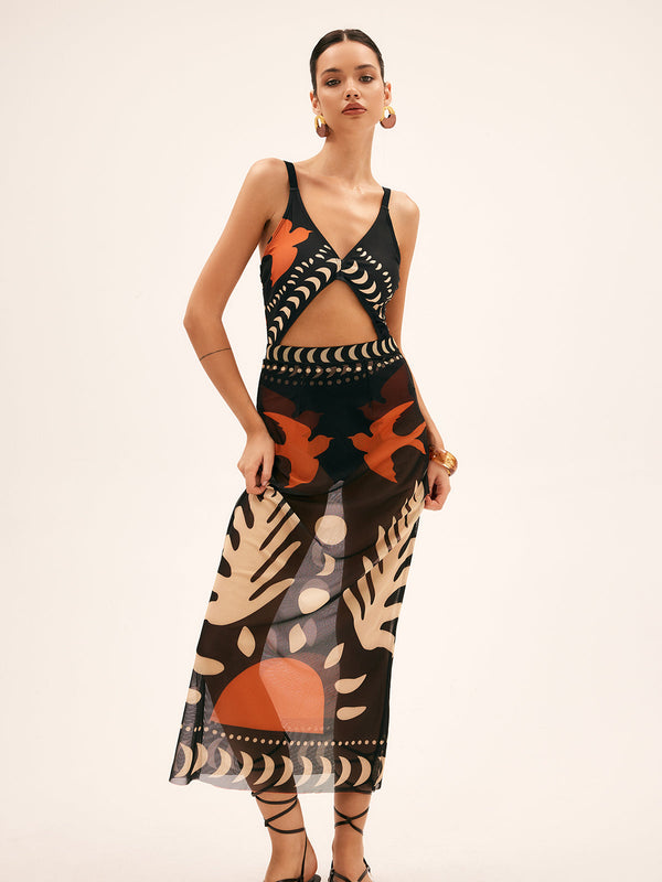 LOVEVVR Bird Print Mesh Cover Up Maxi Skirt