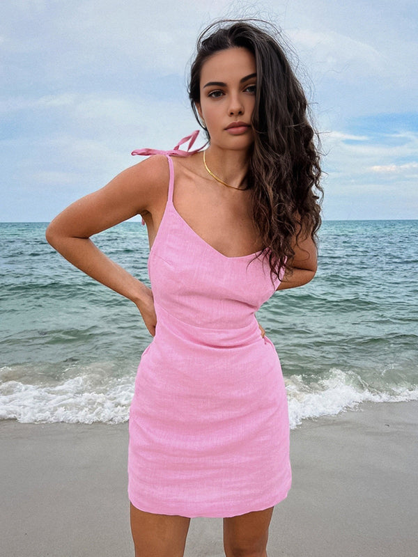 LOVEVVR Barbie Beloved Cotton Backless Knotted Short Dress