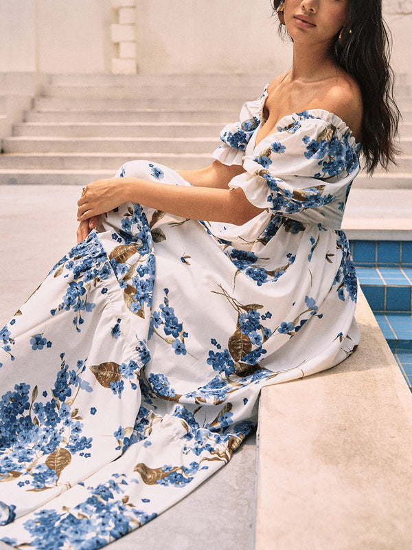 LOVEVVR Floral Print Puff Sleeve Long Dress