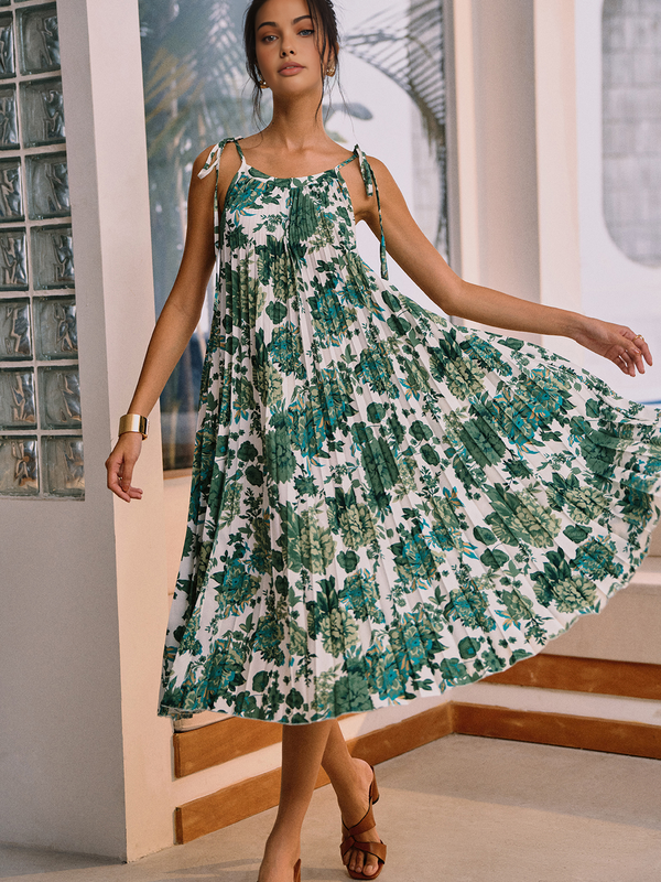 LOVEVVR Floral Pleated Knotted Midi Dress