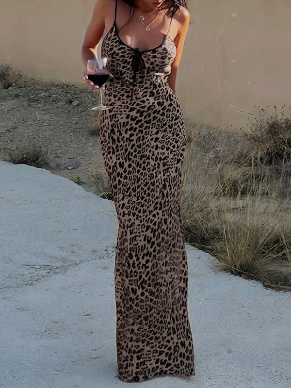 LOVEVVR Contrast Binding Leopard Print Knotted Long Dress