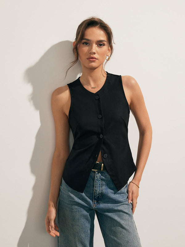 LOVEVVR Linen Blends Button Up Tank Top