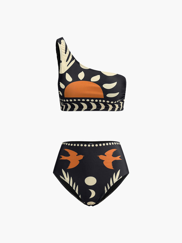 LOVEVVR Bird Print Asymmetrical Neck Bikini Set