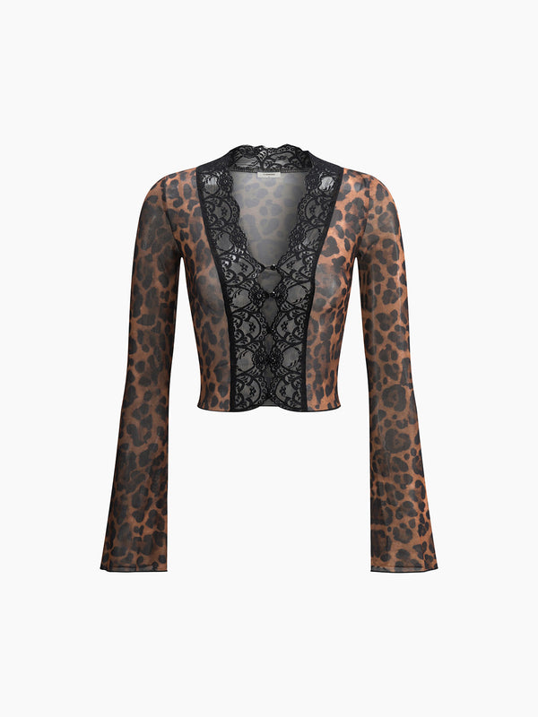 LOVEVVR Leopard Print Long Sleeve Lace Trim Blouse