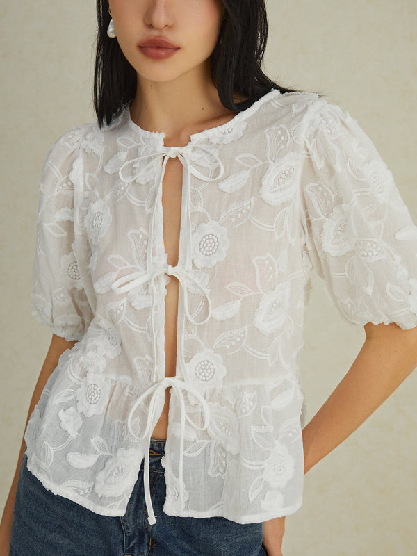 LOVEVVR Floral Knotted Puff Sleeve Shirt