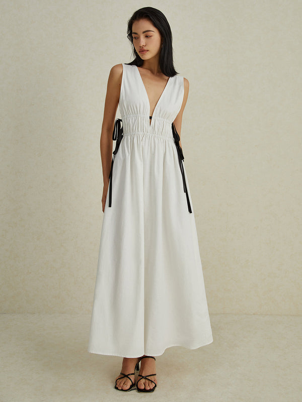 LOVEVVR Backless V-neck Drawstring Long Dress