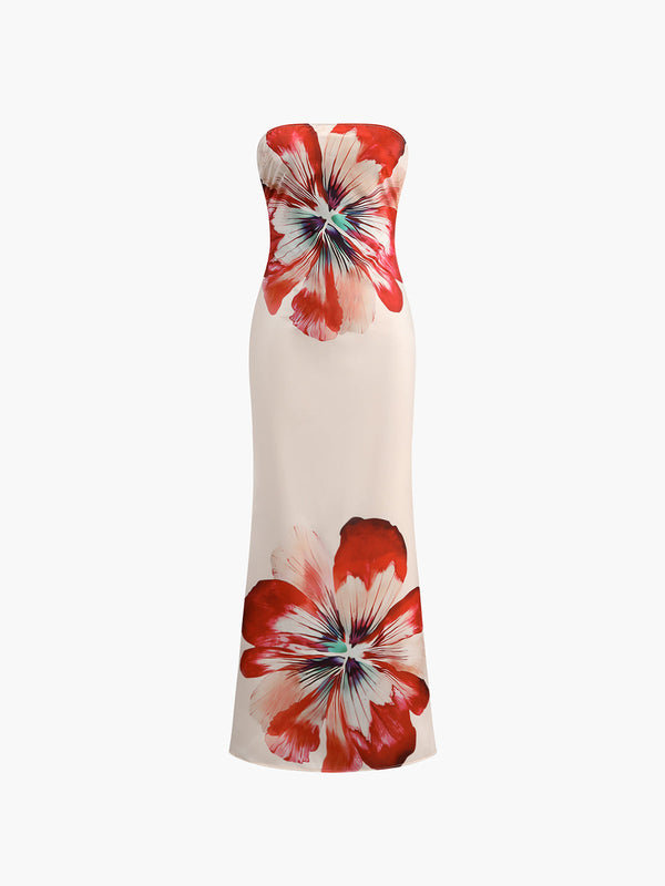 LOVEVVR Floral Print Off-Shoulder Tube Long Dress