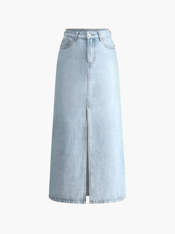 LOVEVVR Cotton Split Denim Skirt