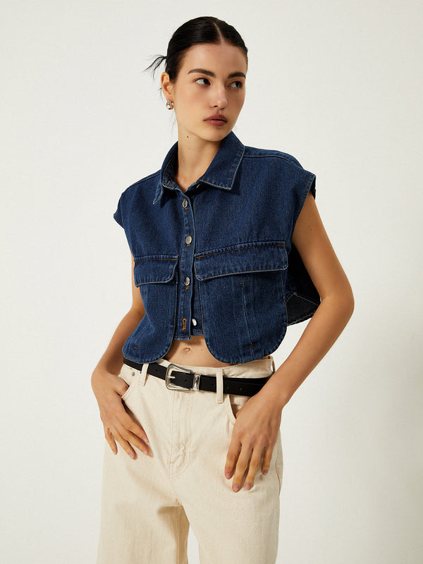 LOVEVVR Denim Pockets Turn Down Collar Vest