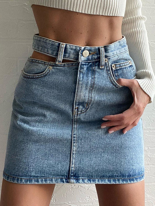 LOVEVVR Denim High Waist Cut Out Short Skirt