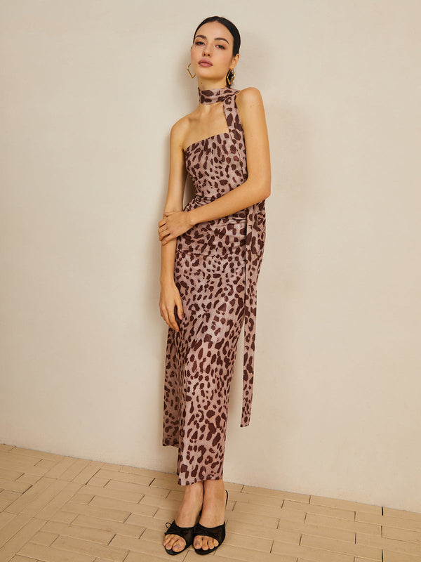 LOVEVVR Leopard Print Mesh Halter Midi Dress