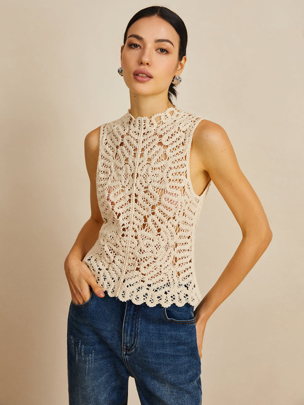 LOVEVVR Floral Crochet Hollow Out Sweater Vest