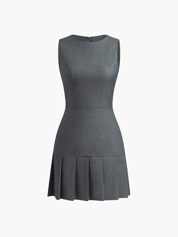 LOVEVVR Crew Neck Pleated Zipper Plain Dress