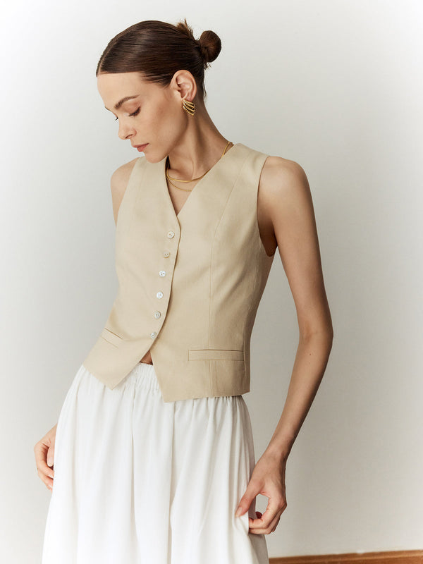 LOVEVVR Cotton & Linen Solid V-Neck Vest