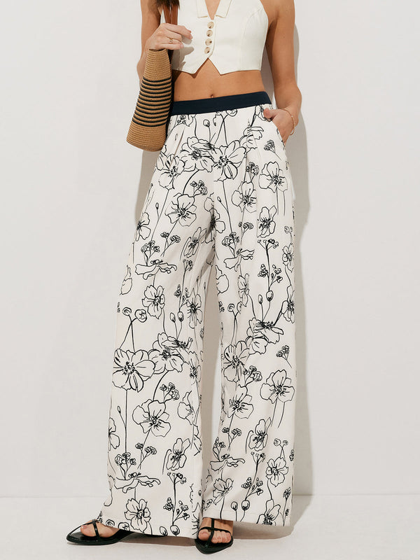 LOVEVVR Floral Print Pockets Wide Leg Pants