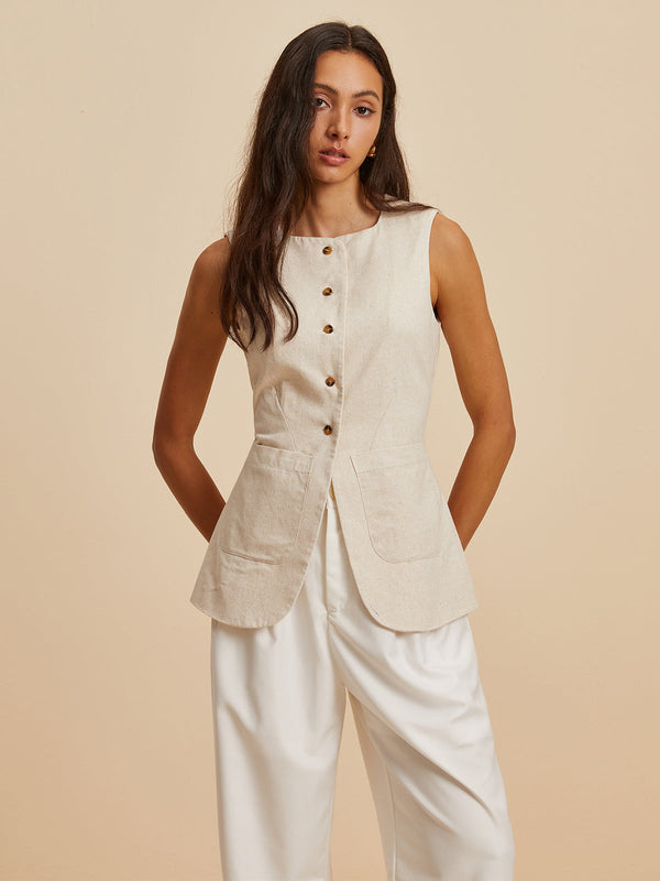 LOVEVVR Linen Blend Pockets Vest