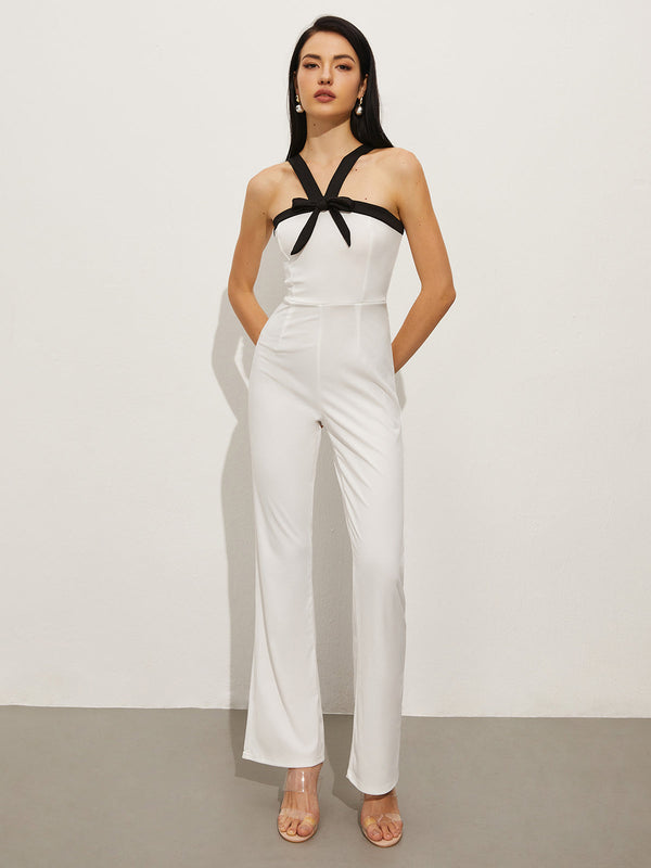 LOVEVVR Contrast Trim Halter Bow Jumpsuit