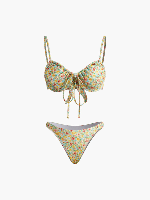 LOVEVVR Floral Print Tie Front Bikini Set