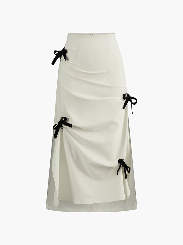 LOVEVVR Cotton & Linen Bow Decor Split Midi Skirt