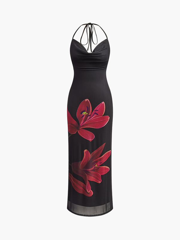 LOVEVVR Halter Drawstring Backless Floral Dress