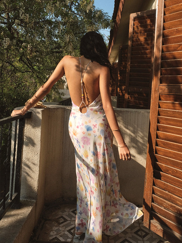 LOVEVVR Chiffon Backless Floral Dress