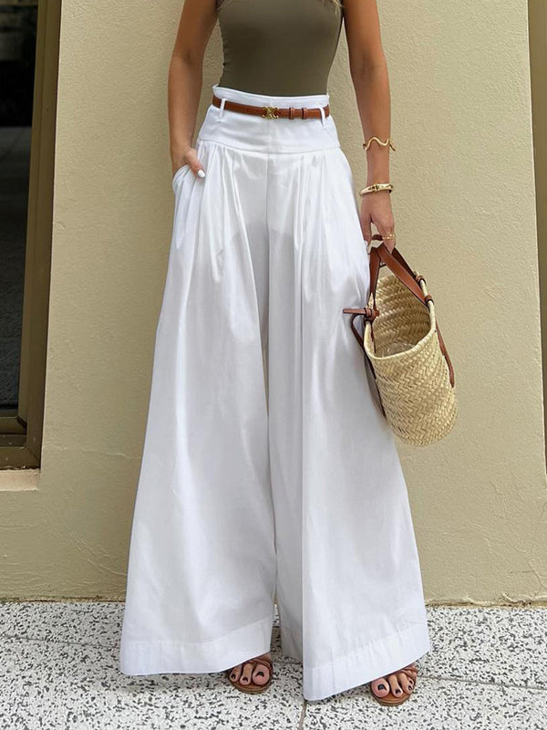 LOVEVVR Cotton Pleated Wide Leg Pants