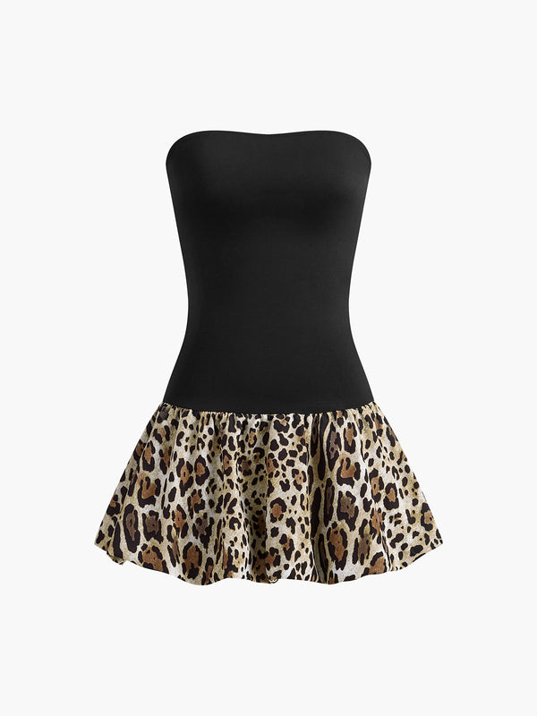 LOVEVVR Leopard Print Paneled Strapless Short Dress