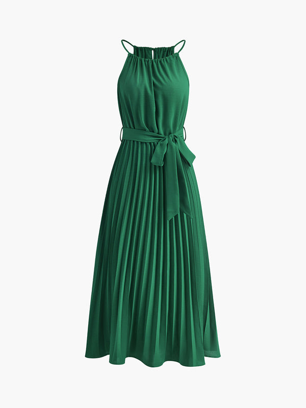 LOVEVVR Halter Belted Pleated Midi Dress