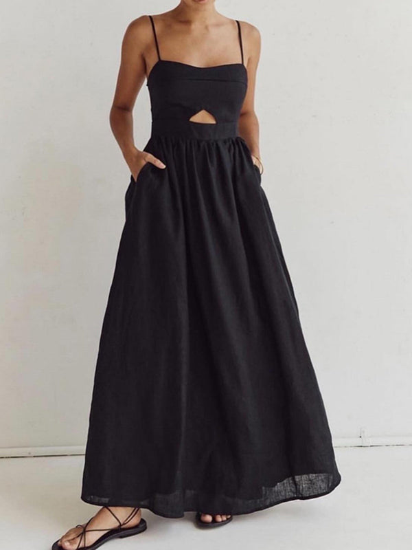 LOVEVVR Cotton Sleeveless Pockets Cutout Long Dress