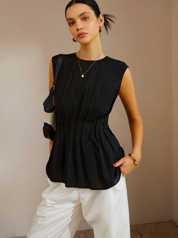 LOVEVVR Casual Sleeveless Pleated Button Back Blouse