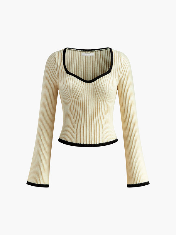 LOVEVVR Contrast Trim Ribbed Sweater