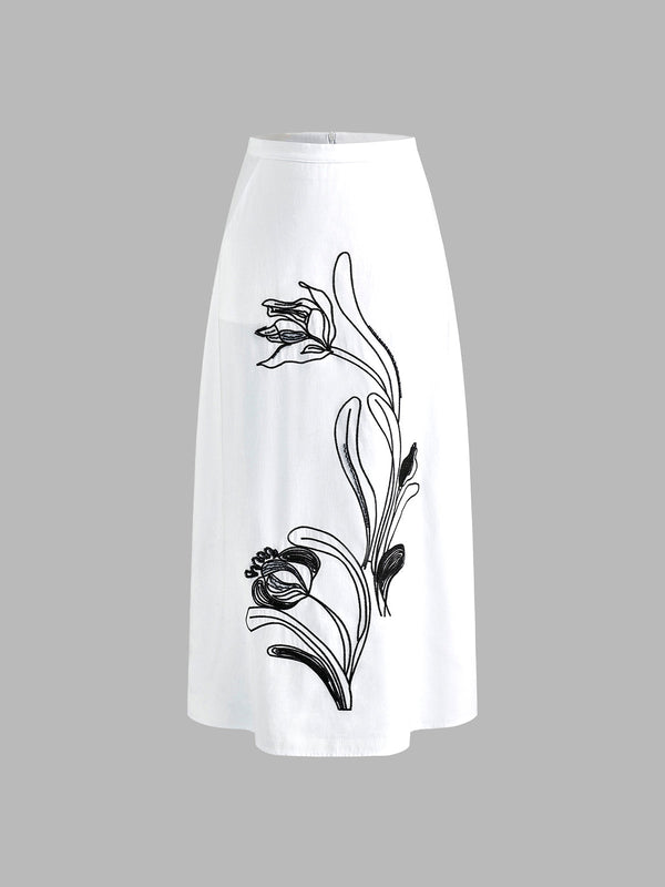 LOVEVVR High-Waist Embroidery Pockets Midi Skirt