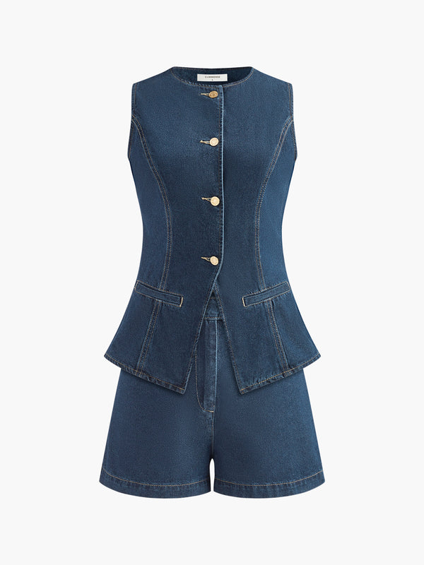 LOVEVVR Denim Peplum Vest With Shorts Set