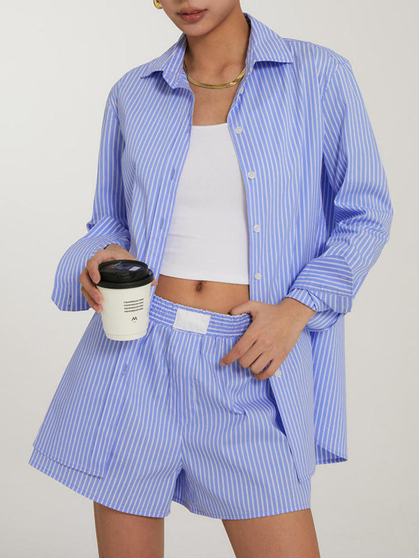 LOVEVVR Casual Striped Shorts Set