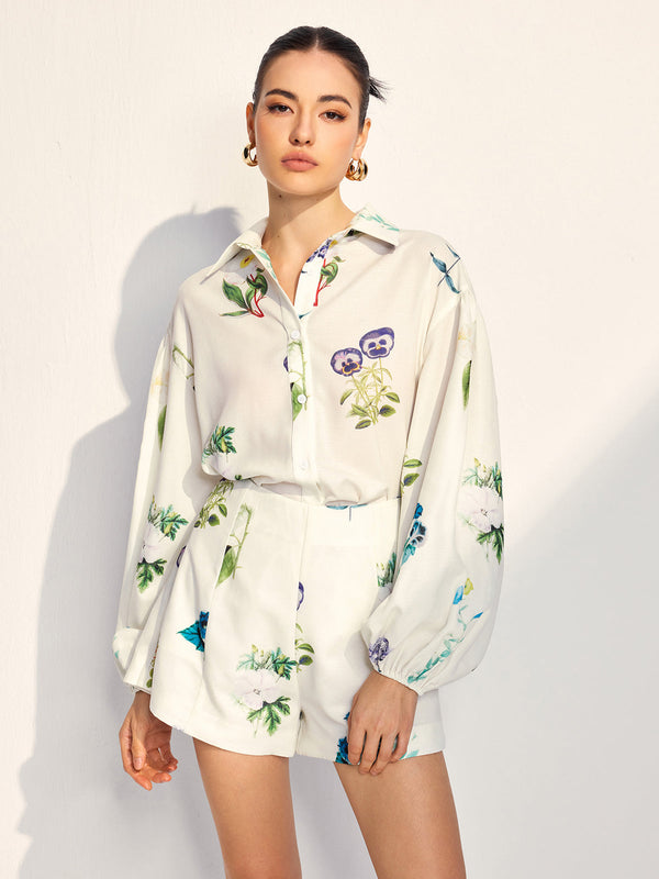 LOVEVVR Floral Printed Lapel Long Sleeve Shorts Set