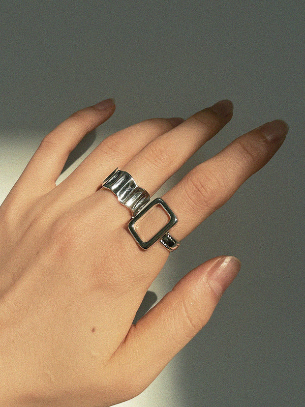 LOVEVVR 2pcs Geometric Silver Ribbed Ring