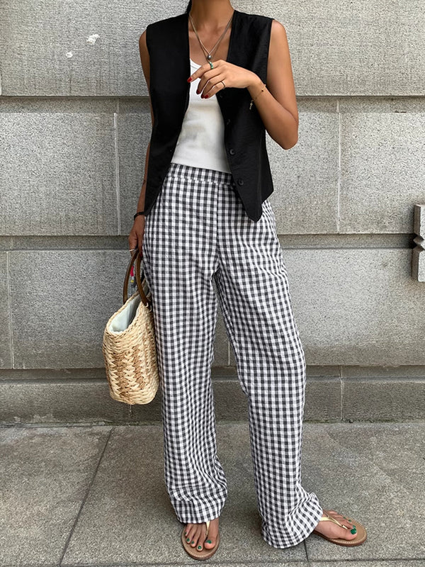 LOVEVVR Casual Plaid Wide Leg Pants