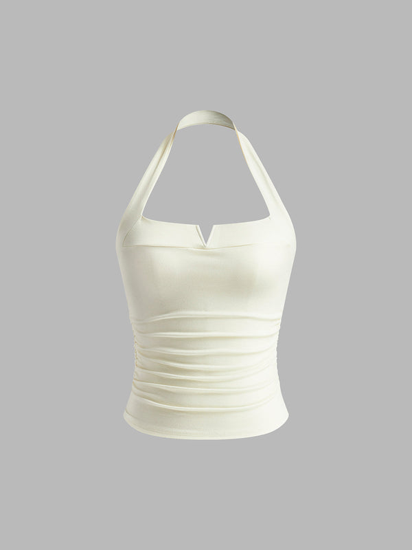 LOVEVVR Halter Pleated Ribbed Tank Top