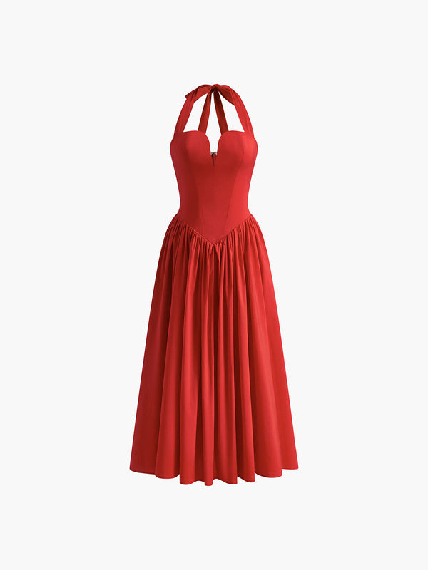 LOVEVVR Halter Sweetheart Pleated Midi Dress