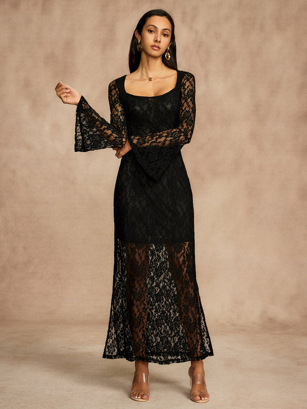 LOVEVVR Lace Bell Sleeve Lined Dress