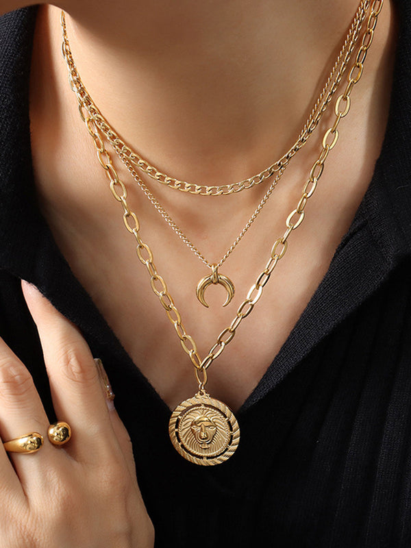 LOVEVVR Layering Moon Lion Circle Pendant Necklace