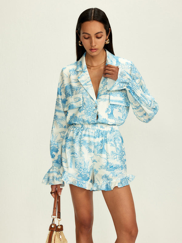 LOVEVVR Lapel Ruffle Printed Shorts Set