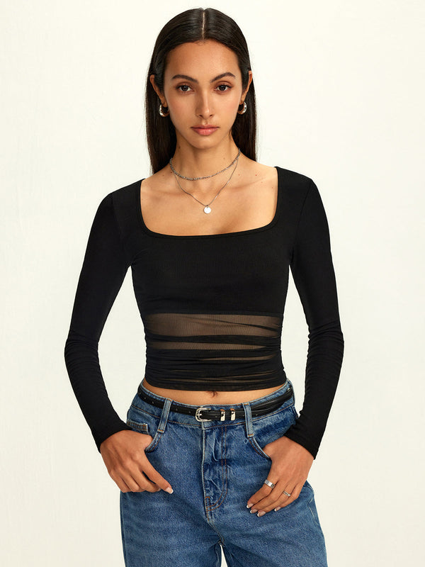 LOVEVVR Mesh Square Neck Semi-Sheer Blouse